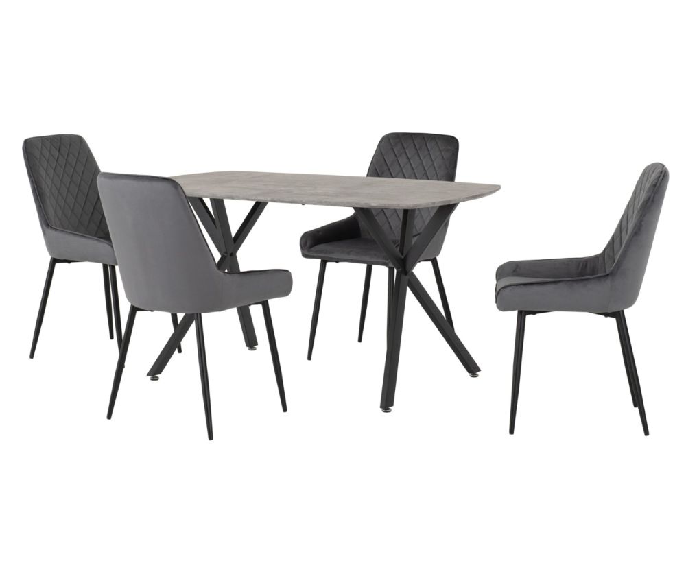 Seconique Furniture Athens Concrete Effect Rectangular Dining Set with Avery Chairs – Black & Grey Velvet
