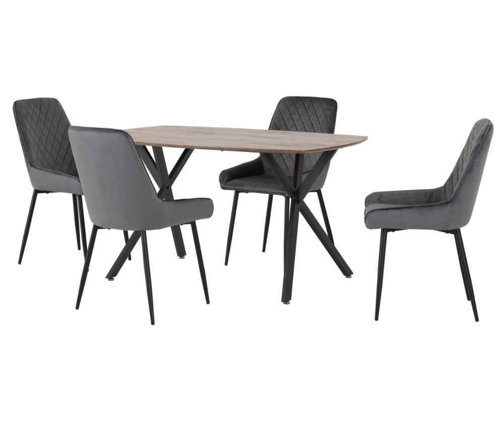Seconique Furniture Athens Medium Oak Effect  Rectangular Dining Set with Avery Chairs – Black & Grey Velvet