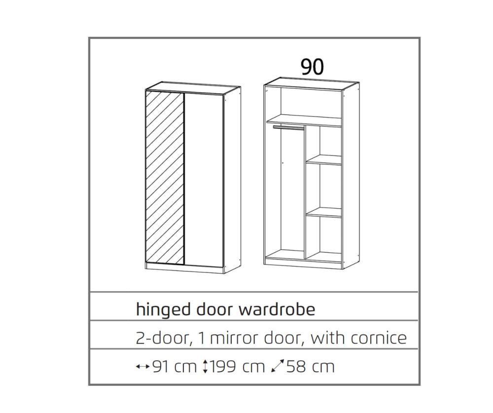 Rauch Texas Sonoma Oak Carcase with Alpine White Front 2 Door 1 Mirror Wardrobe With Shelves