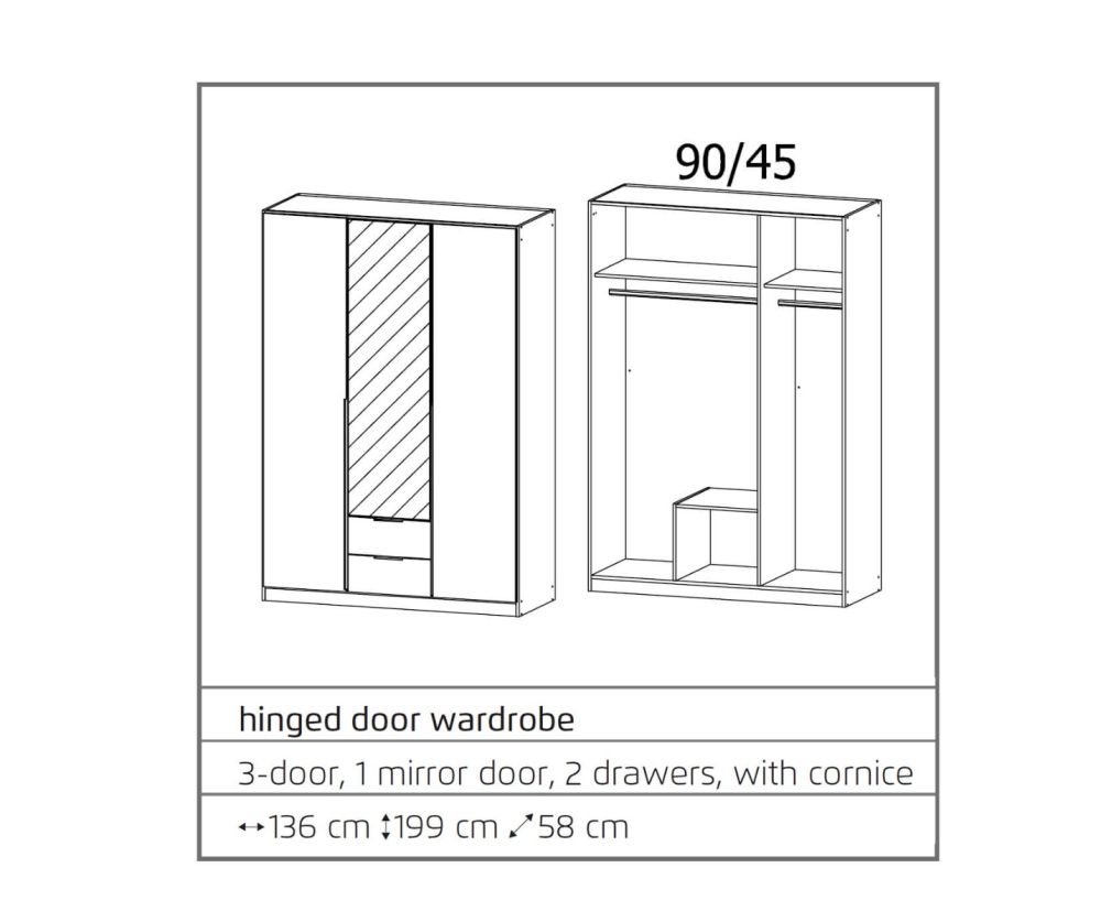Rauch Texas Alpine White 3 Door 1 Mirror Wardrobe with 2 Drawers