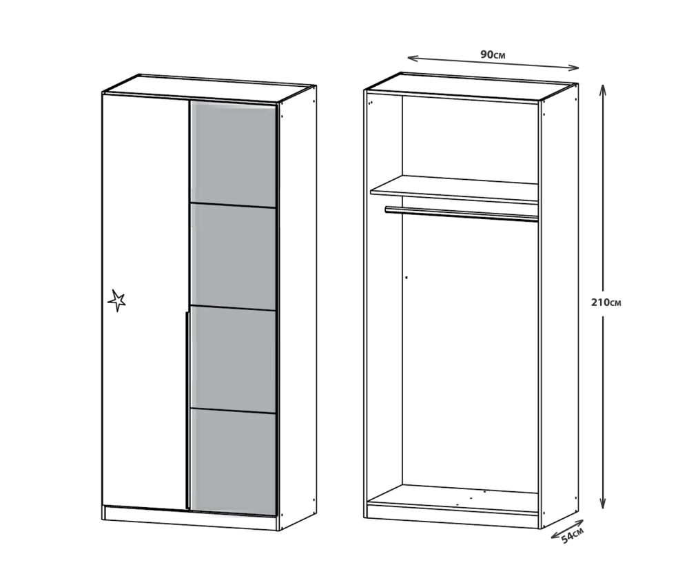 Rauch Bellezza Alpine White with High Polish White 2 Door Wardrobe with Silk Grey Application (W96cm)