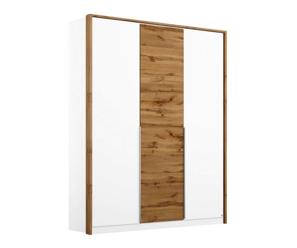 Rauch Bellezza Alpine White with High Polish White 3 Door Wardrobe with Wotan Oak Application (W141cm)