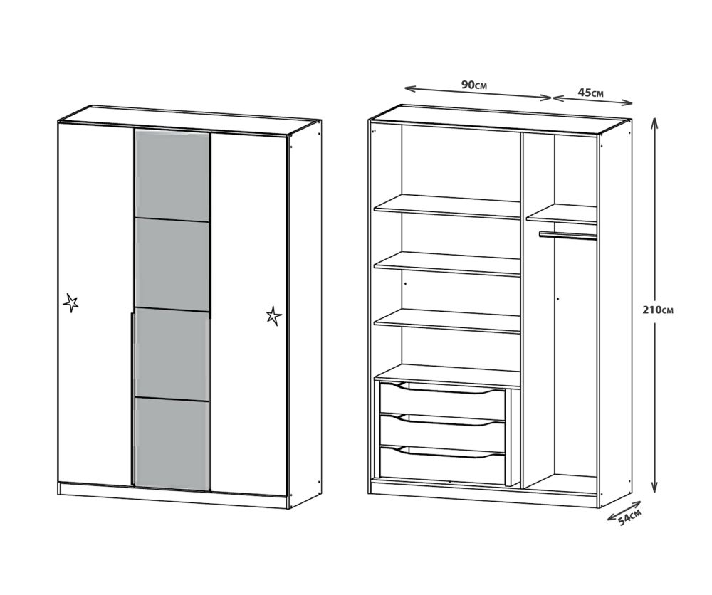 Rauch Bellezza Alpine White with High Polish White 3 Door Wardrobe with Silk Grey Application (W141cm)