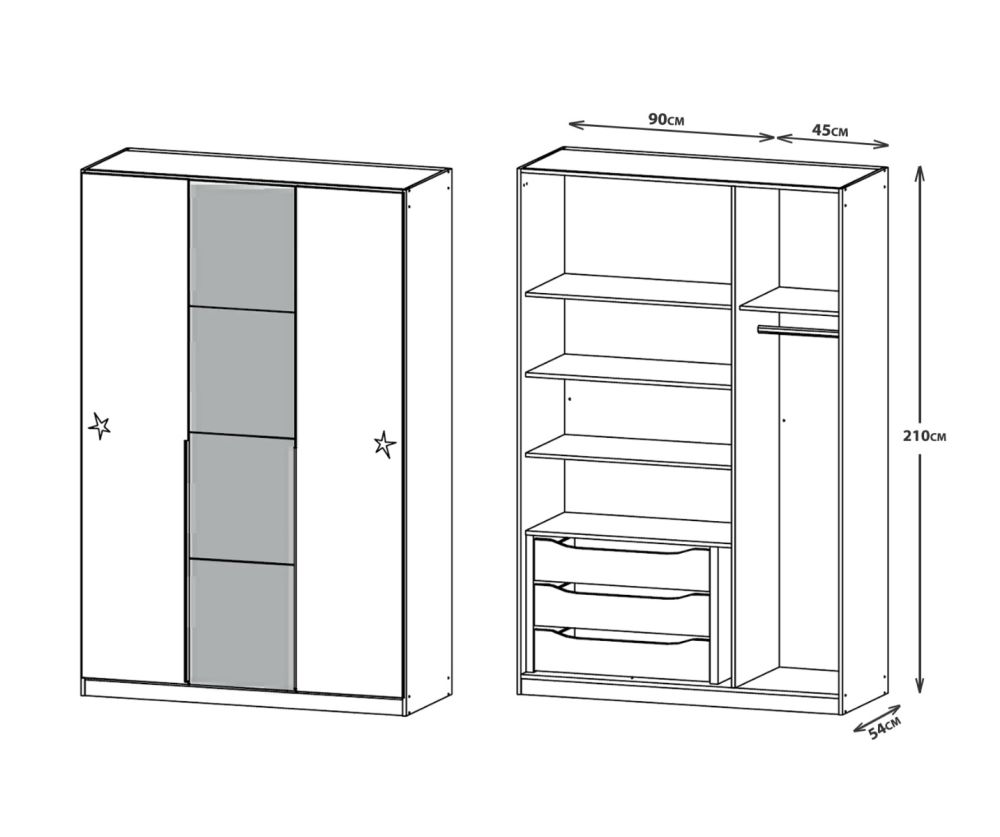 Rauch Bellezza Silk Grey Carcase with White High Polish Front 3 Door Wardrobe (W141cm)