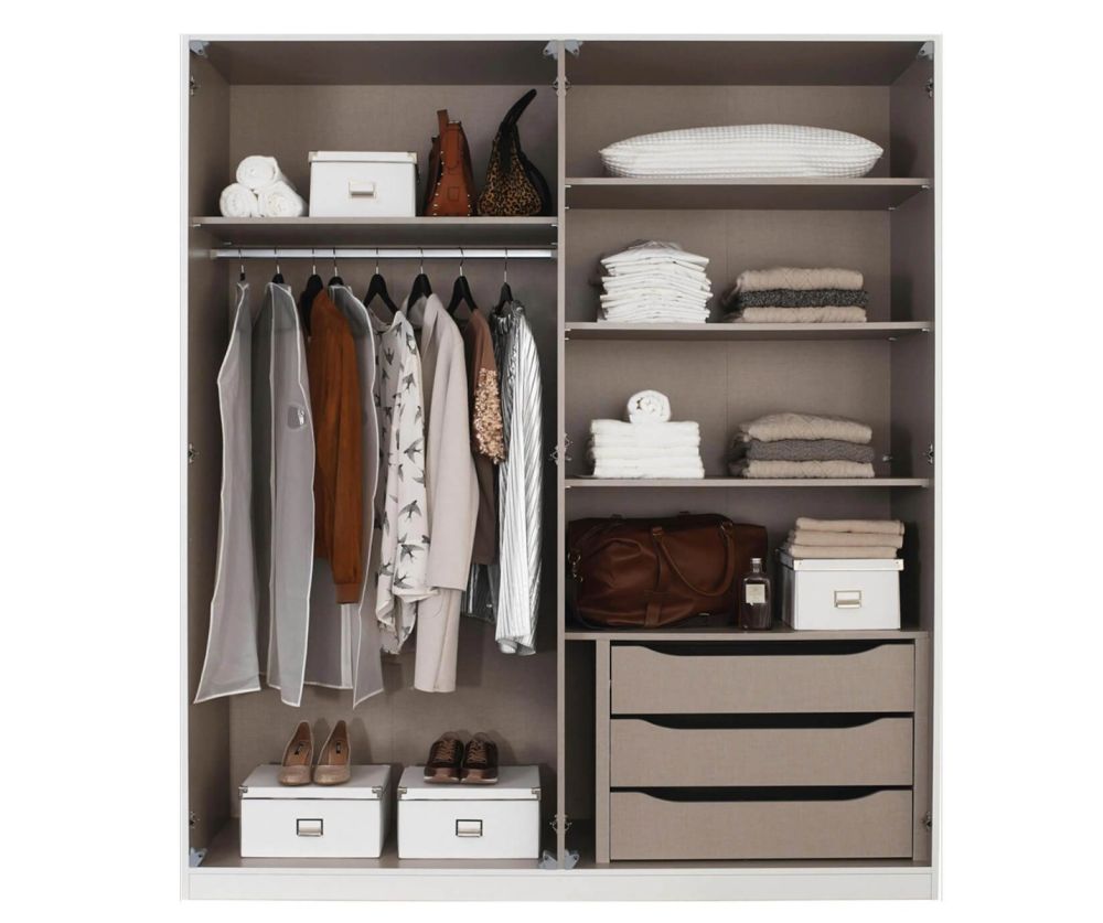 Rauch Bellezza Alpine White with High Polish White 4 Door Wardrobe with Silk Grey Application (W185cm)