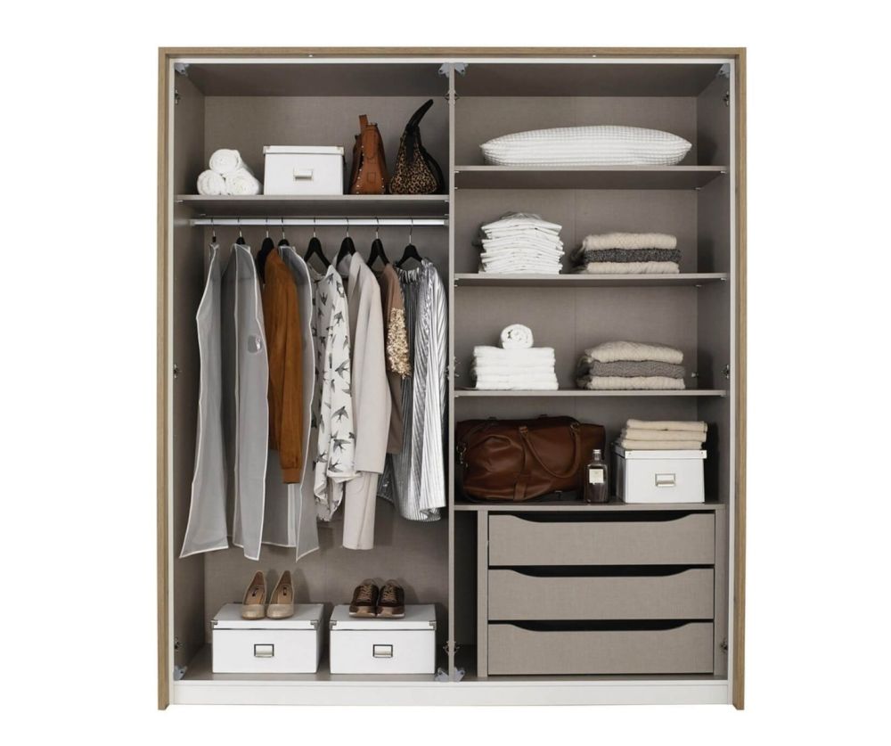 Rauch Bellezza Alpine White with High Polish White 4 Door Wardrobe with Wotan Oak Application (W185cm)