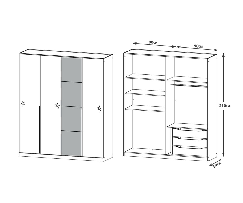 Rauch Bellezza Alpine White with High Polish White 4 Door Wardrobe with Silk Grey Application (W185cm)