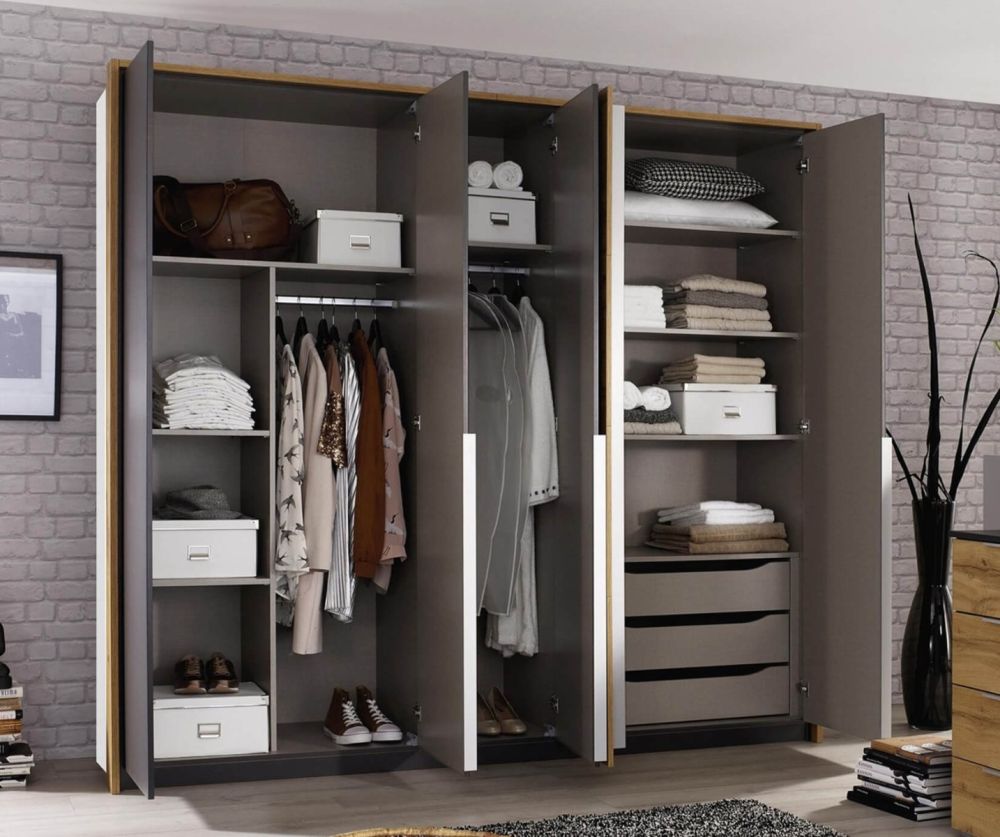 Rauch Bellezza Alpine White with High Polish White 5 Door Wardrobe with Wotan Oak Application (W230cm)