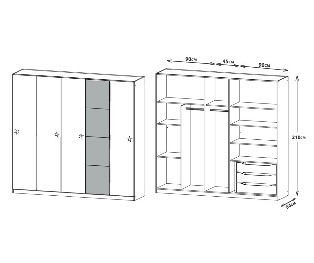 Rauch Bellezza Alpine White with High Polish White 5 Door Wardrobe with Wotan Oak Application (W230cm)
