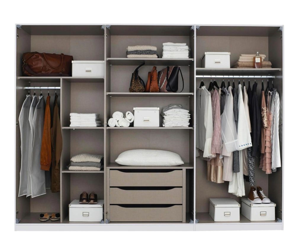 Rauch Bellezza Alpine White with High Polish White 6 Door Wardrobe with Silk Grey Application (W275cm)
