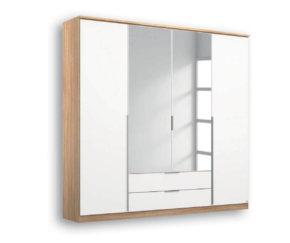 Rauch Texas Sonoma Oak Carcase With Alpine White Front 4 Door 2 Mirror Wardrobe with 2 Drawers