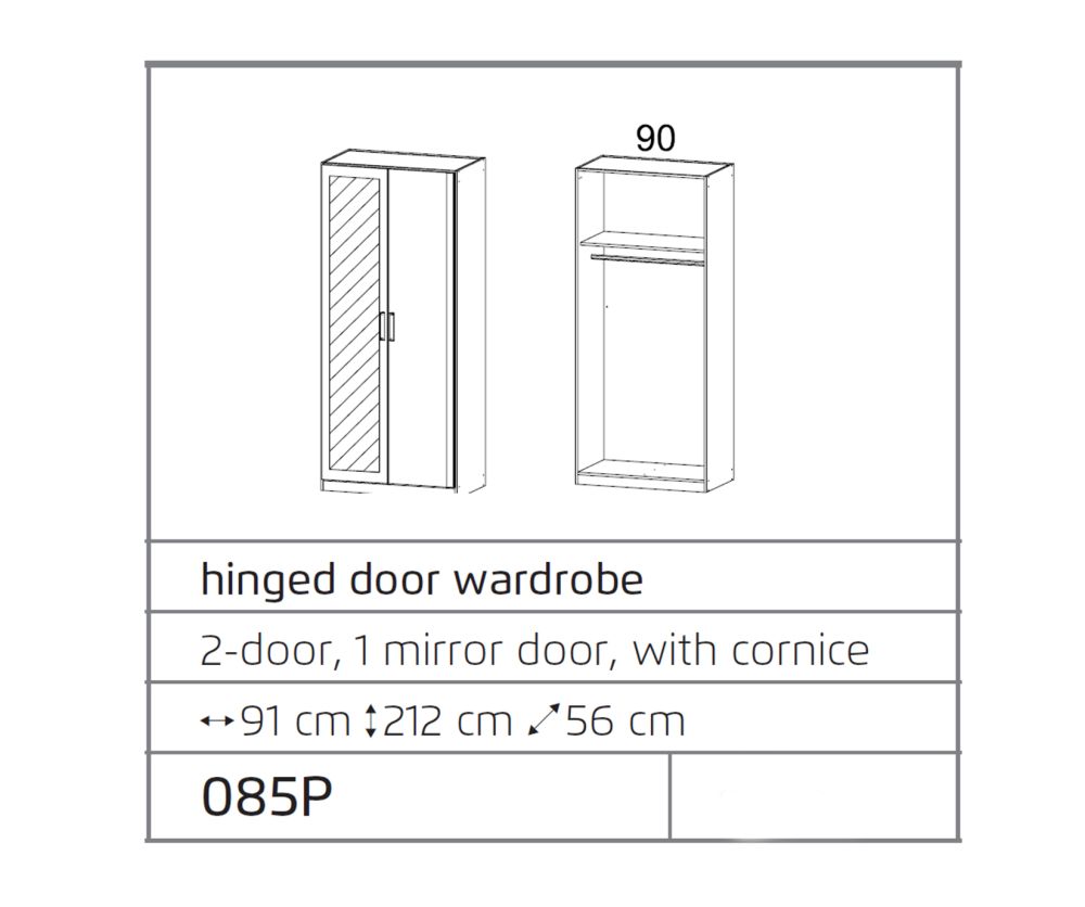 Rauch Rivera Alpine White 2 Door 1 Left Mirror Wardrobe with Cornice (W91cm)
