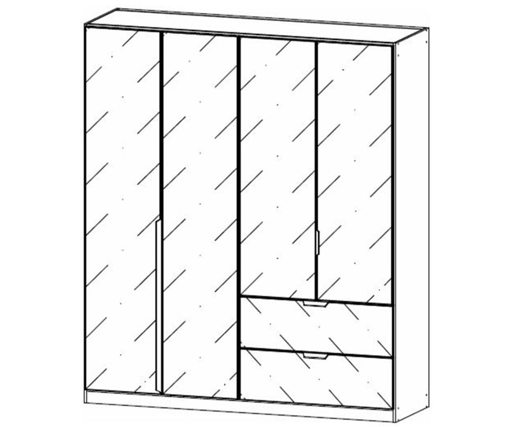 Rauch Modern Quadra Spin Alpine White Carcase with White Glass Front 4 Glass door 2 Drawer Combi Wardrobe