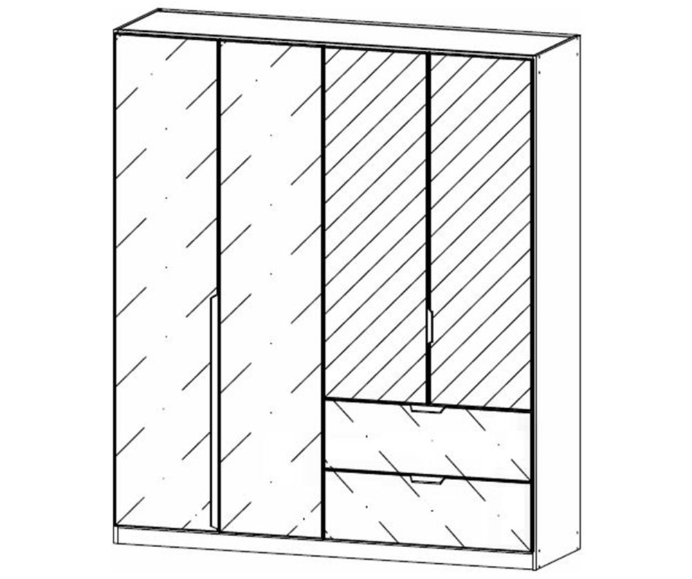 Rauch Modern Quadra Spin Alpine White Carcase with White Glass Front 4 Door 2 Glass Drawer Combi Wardrobe with Mirror
