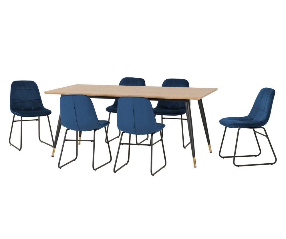 Seconique Furniture Hamilton Large Dining Set – Medium Oak Effect Table & Lukas Sapphire Blue Velvet Dining Chairs