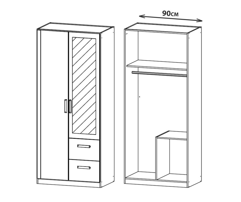 Rauch Rivera Sonoma Oak 2 Door 1 Left Mirror 2 Right Drawer Combi Wardrobe with Cornice (W91cm)