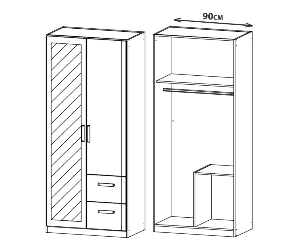 Rauch Rivera Alpine White 2 Door 1 Right Mirror 2 Left Drawer Combi Wardrobe with Cornice (W91cm)