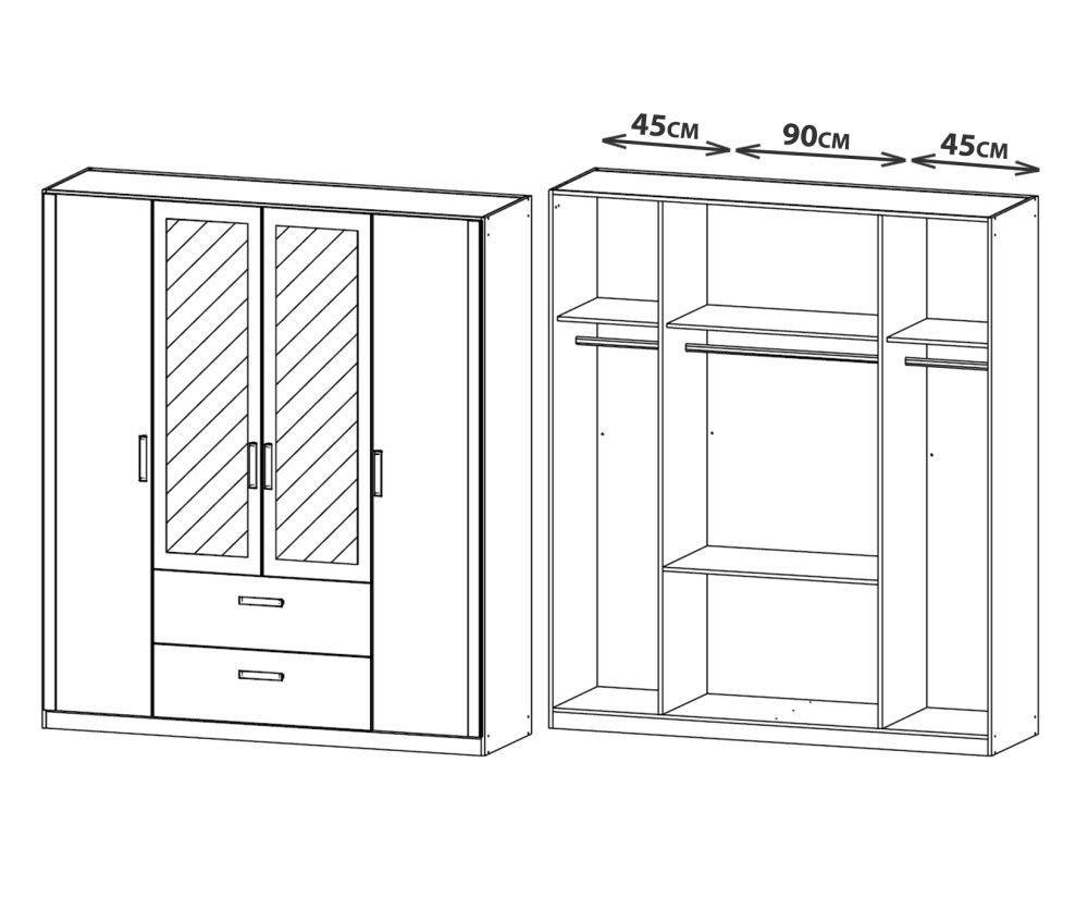Rauch Rivera Alpine White 4 Door 2 Mirror 2 Drawer Combi Wardrobe with Cornice (W181cm)