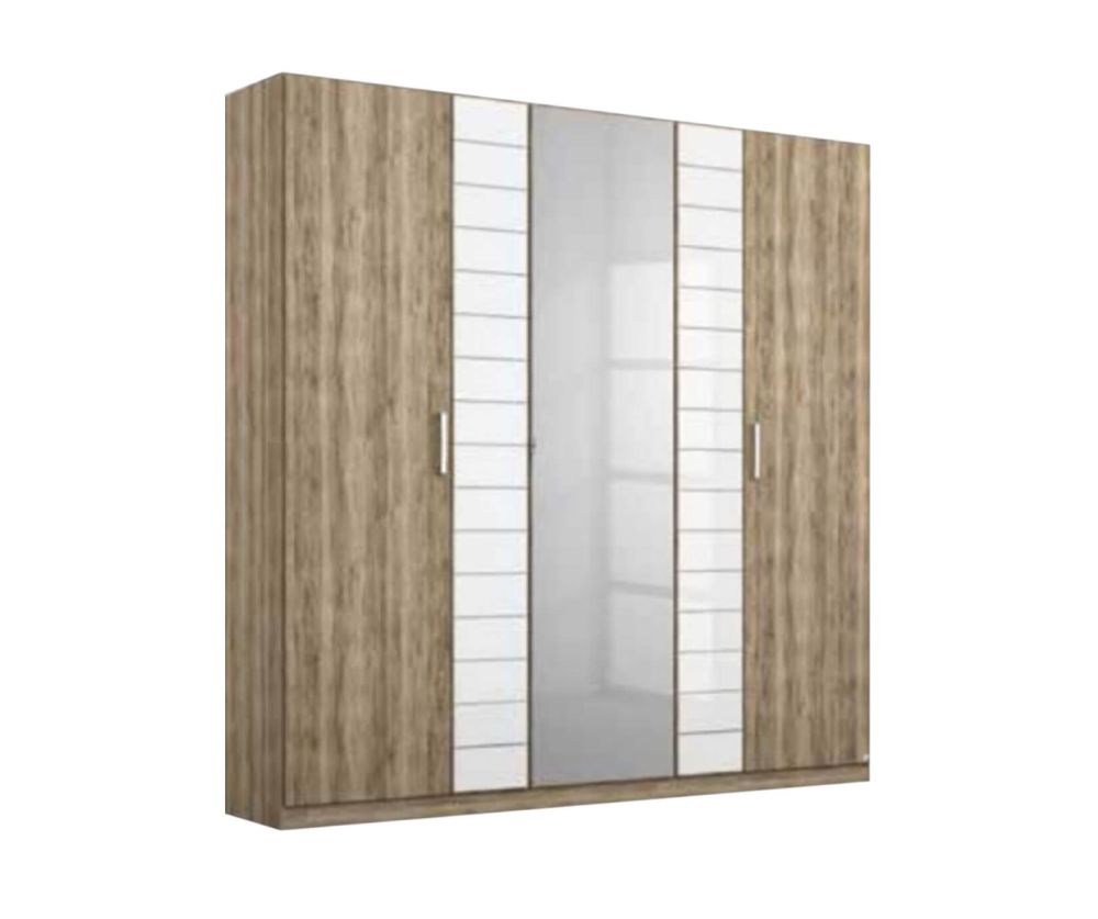 Rauch Terano Sonoma Oak with White Glass Overlay 6 Door 2 Glass Door Wardrobe with 2 Mirror(W226cm)