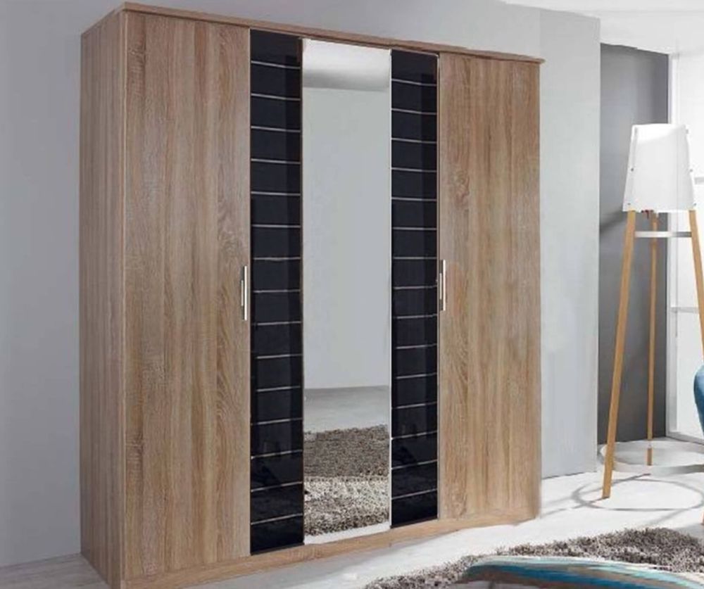 Rauch Terano Sonoma Oak with Basalt Glass Overlay 6 Door 2 Glass Door Wardrobe with 2 Mirror(W226cm)