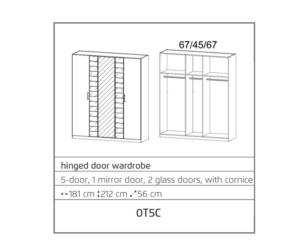 Rauch Terano Sonoma Oak with Basalt Glass Overlay 5 Door 2 Glass Door Wardrobe with Mirror(W181cm)