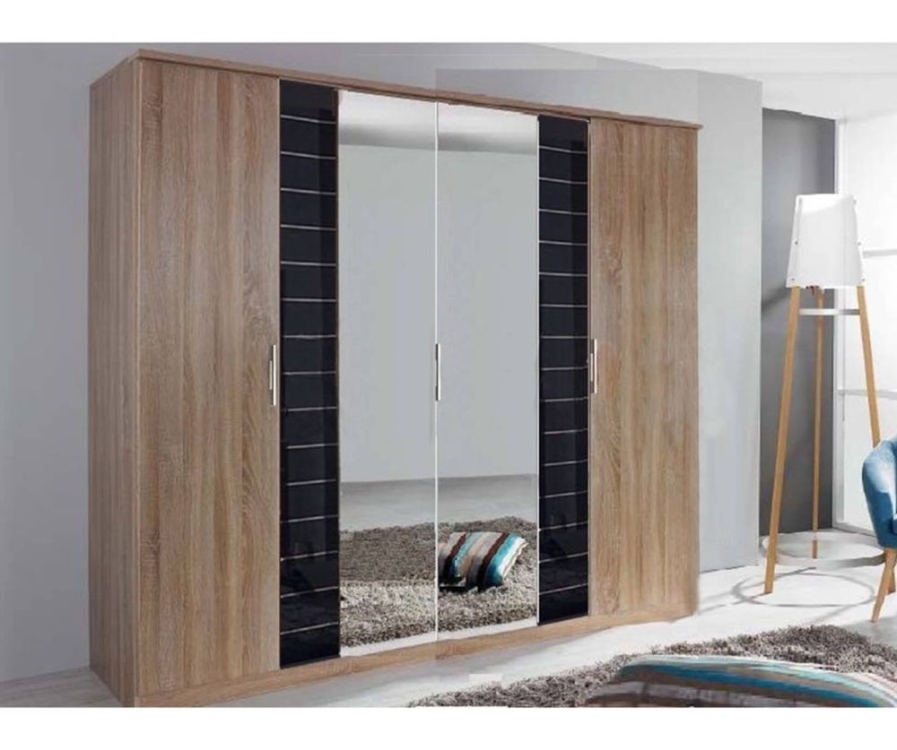 Rauch Terano Sonoma Oak Colour with Basalt Glass Overlay 6 Door 2 Glass Door Wardrobe with 2 Mirror(W271cm)