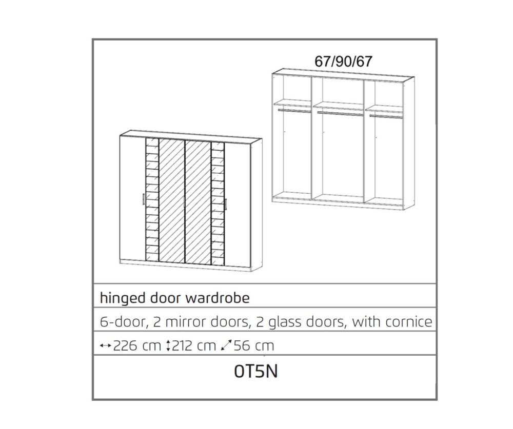 Rauch Terano Metallic Grey with White Glass Overlay 6 Door 2 Glass Door Wardrobe with 2 Mirror(W226cm)