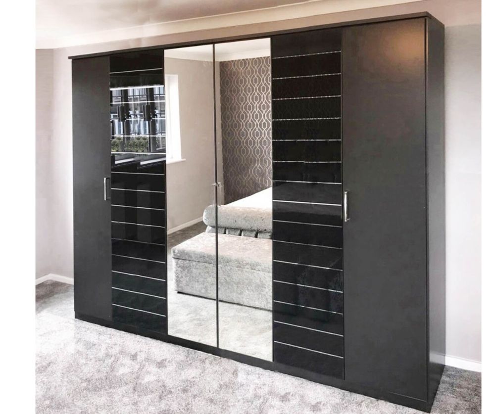 Rauch Terano Metallic Grey with Basalt Glass Overlay 6 Door 2 Glass Door Wardrobe with 2 Mirror(W271cm)