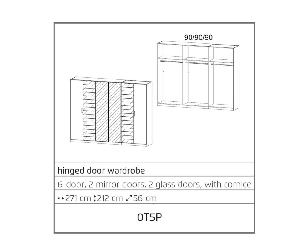 Rauch Terano Metallic Grey with Basalt Glass Overlay 6 Door 2 Glass Door Wardrobe with 2 Mirror(W271cm)