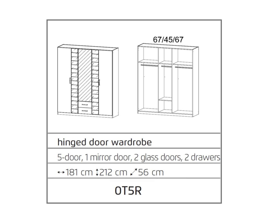Rauch Terano Metallic Grey with White Glass Overlay 5 Door 2 Drawer and 1 Mirror Wardrobe (W181cm)