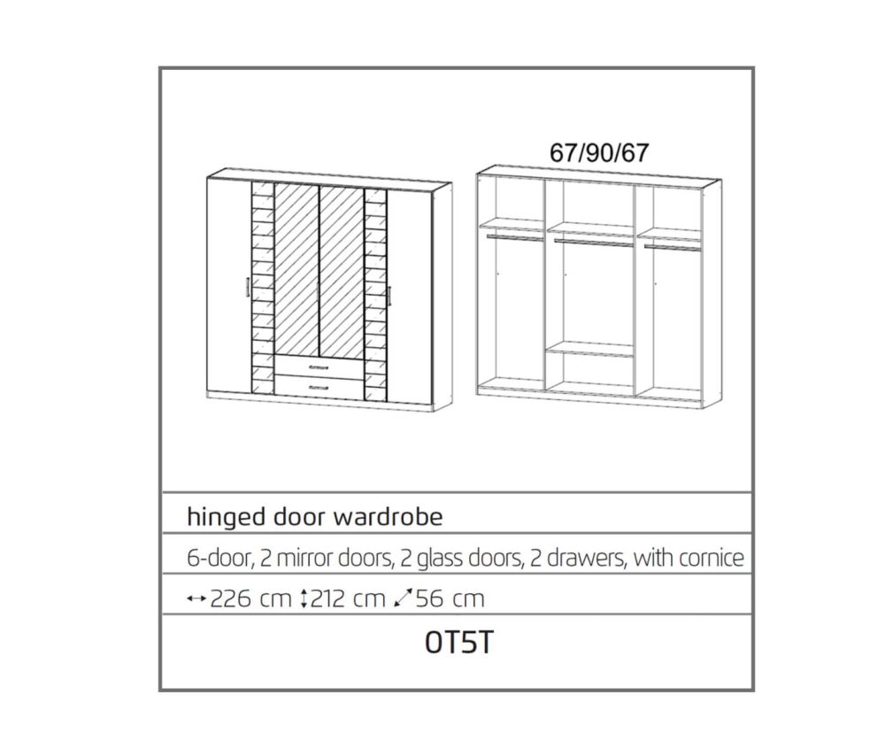 Rauch Terano Metallic Grey with White Glass Overlay 6 Door 2 Drawer and 2 Mirror Wardrobe (W226cm)