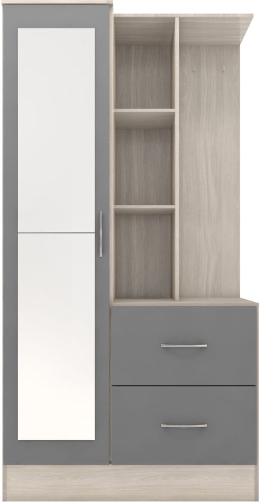 Seconique Furniture Nevada Grey Gloss and Light Oak Effect Veneer 1 Door 2 Drawer Combi Wardrobe with Open Shelf