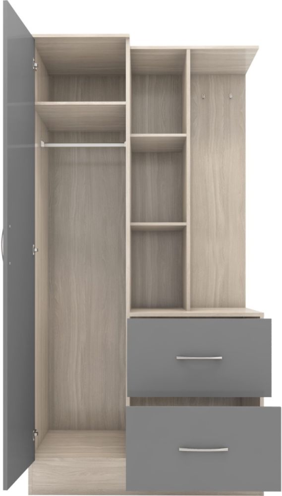 Seconique Furniture Nevada Grey Gloss and Light Oak Effect Veneer 1 Door 2 Drawer Combi Wardrobe with Open Shelf