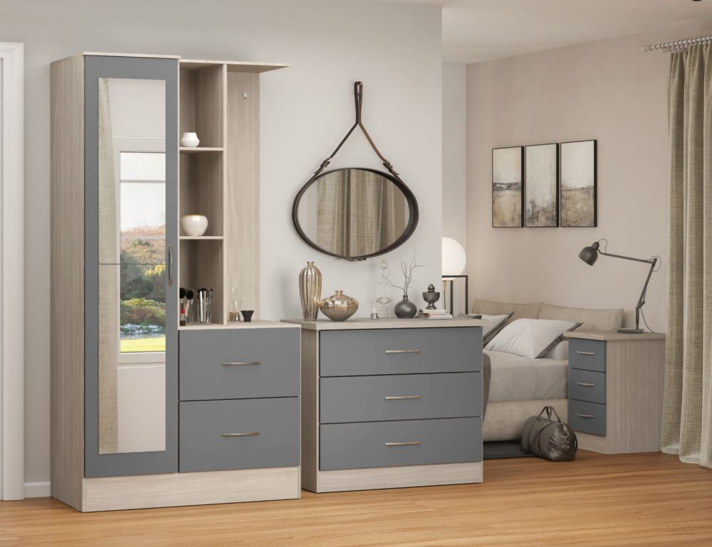 Seconique Furniture Nevada Grey Gloss and Light Oak Effect Veneer 1 Door 2 Drawer Combi Wardrobe with Open Shelf