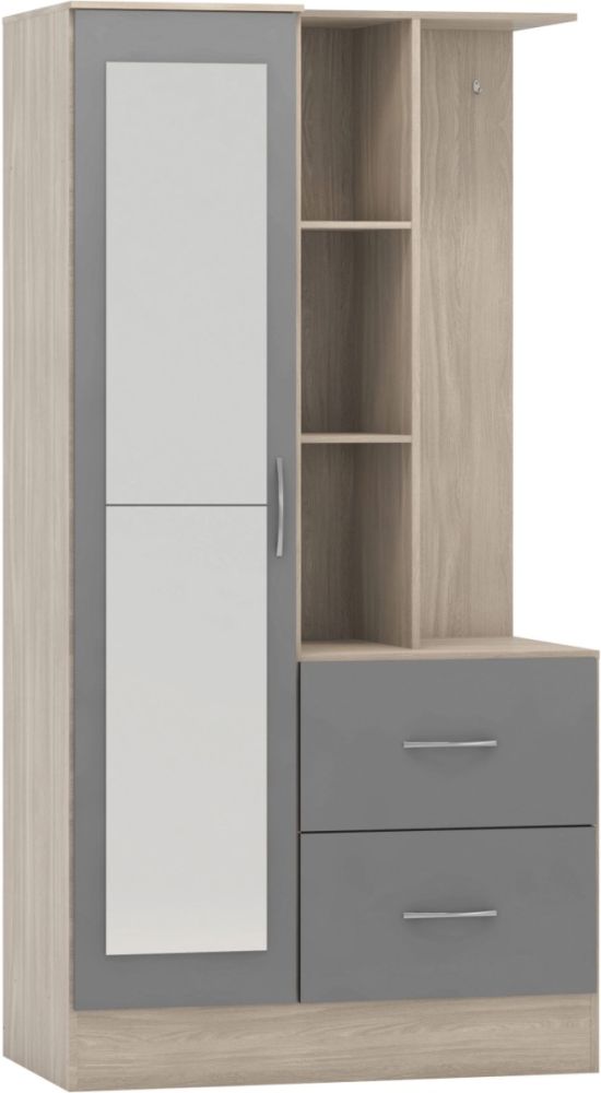 Seconique Furniture Nevada Grey Gloss and Light Oak Effect Veneer 1 Door 2 Drawer Combi Wardrobe with Open Shelf