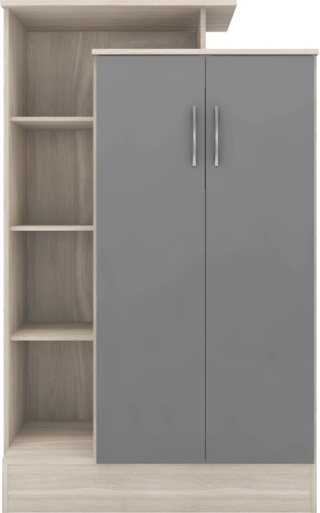 Seconique Furniture Nevada Grey Gloss and Light Oak Effect Veneer 2 Door Wardrobe with Petite Open Shelf