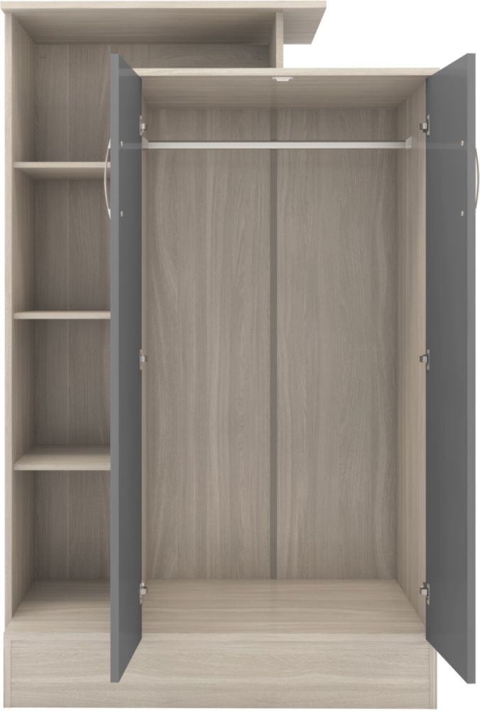Seconique Furniture Nevada Grey Gloss and Light Oak Effect Veneer 2 Door Wardrobe with Petite Open Shelf