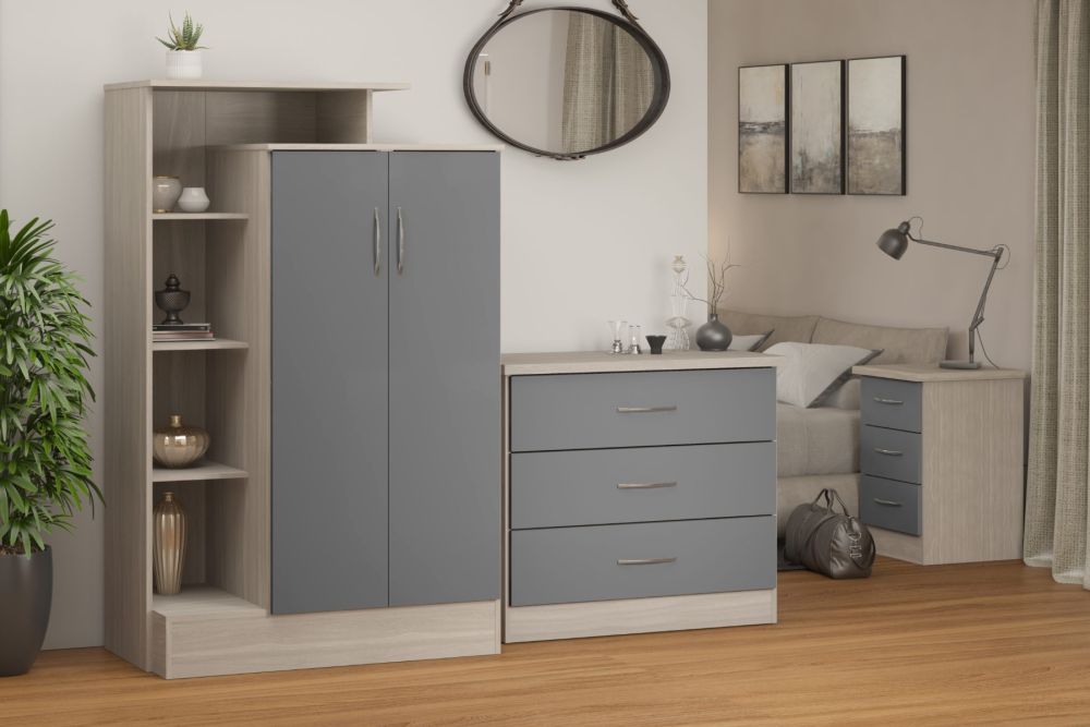 Seconique Furniture Nevada Grey Gloss and Light Oak Effect Veneer 2 Door Wardrobe with Petite Open Shelf