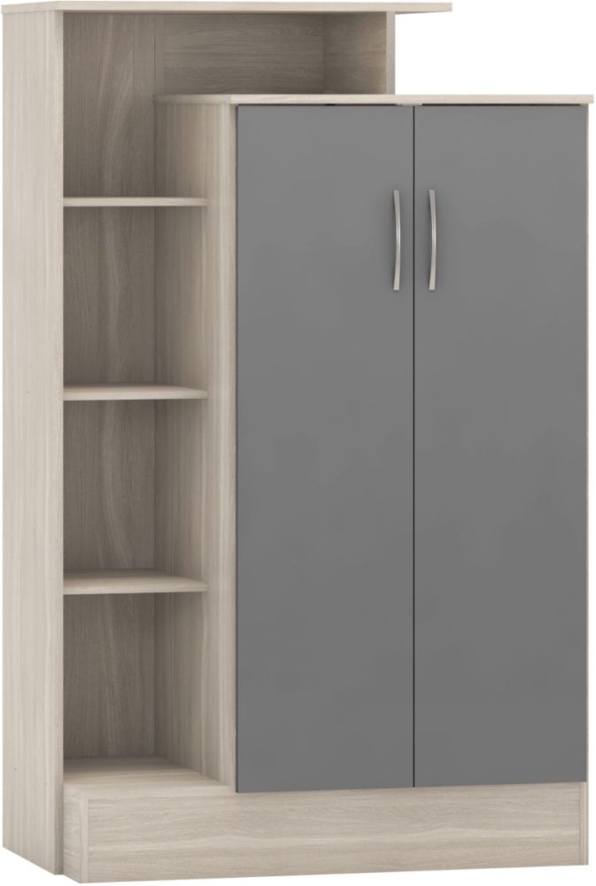 Seconique Furniture Nevada Grey Gloss and Light Oak Effect Veneer 2 Door Wardrobe with Petite Open Shelf