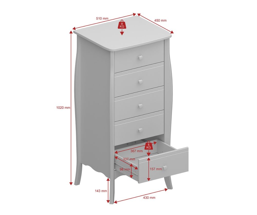 FTG Baroque White 5 Drawer Narrow Chest