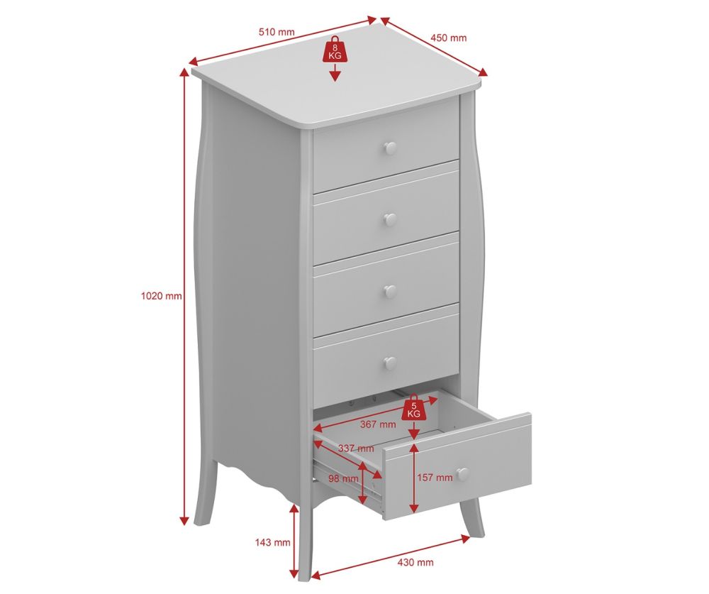FTG Baroque Grey 5 Drawer Narrow Chest