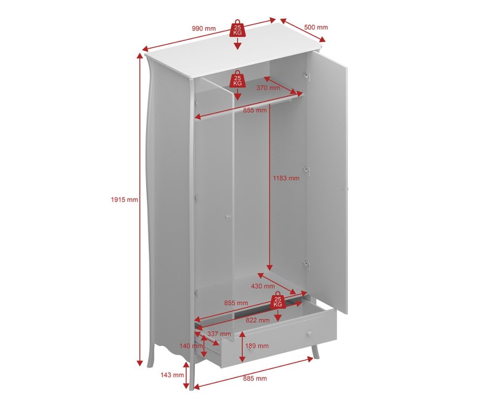 FTG Baroque White 2 Door 1 Drawer Combi Wardrobe