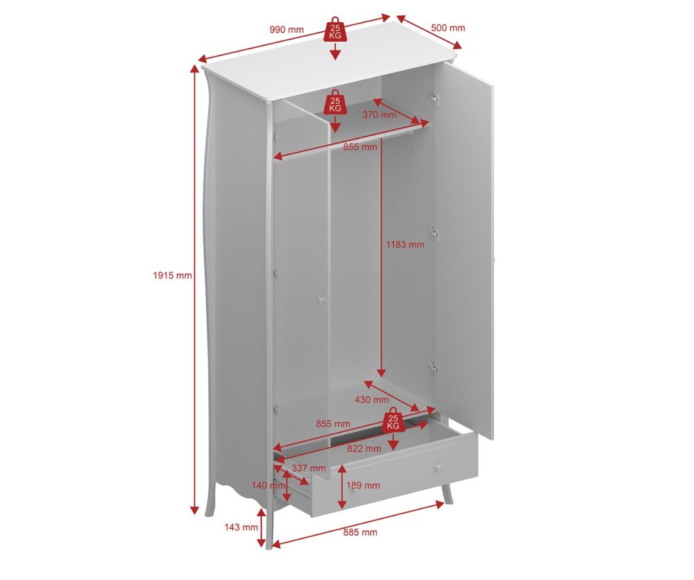 FTG Baroque Grey 2 Door 1 Drawer Combi Wardrobe