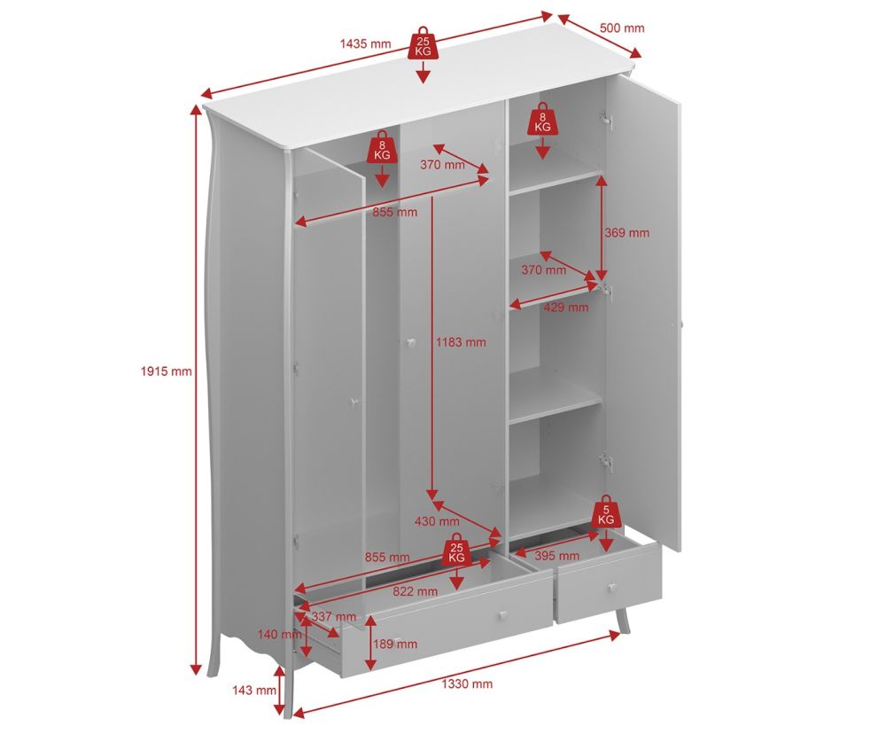 FTG Baroque White 3 Door 2 Drawer Combi Wardrobe