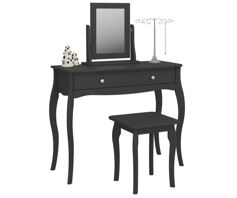 FTG Baroque Black 1 Drawer Vanity with Mirror and Stool