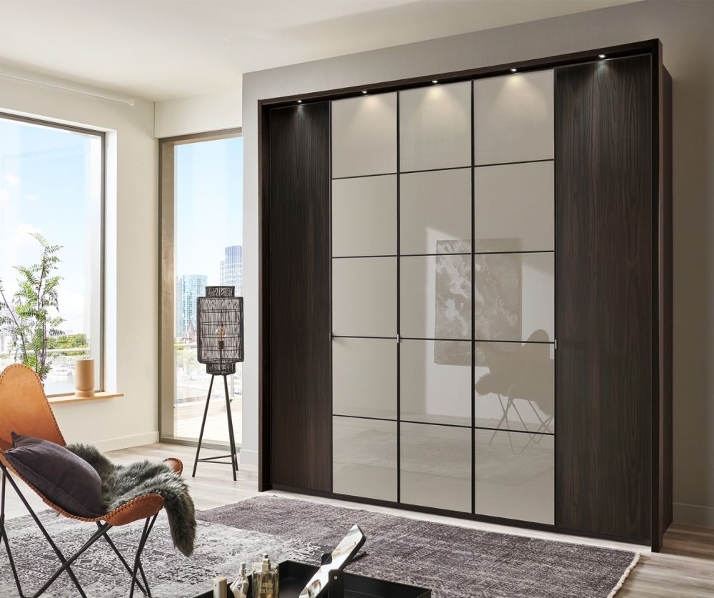Wiemann Vip Quito Outer in Mocca Oak and Glass Champagne Center 5 Door Hinged Wardrobe