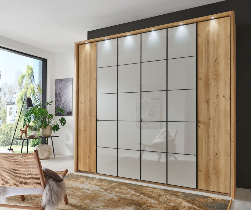 Wiemann Vip Quito Outer in Bianco Oak and Glass Champagne Center 6 Door Hinged Wardrobe