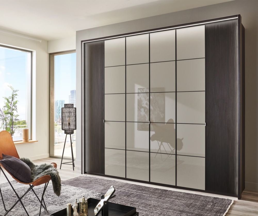 Wiemann Vip Quito Outer in Mocca Oak and Glass Champagne Center 6 Door Hinged Wardrobe