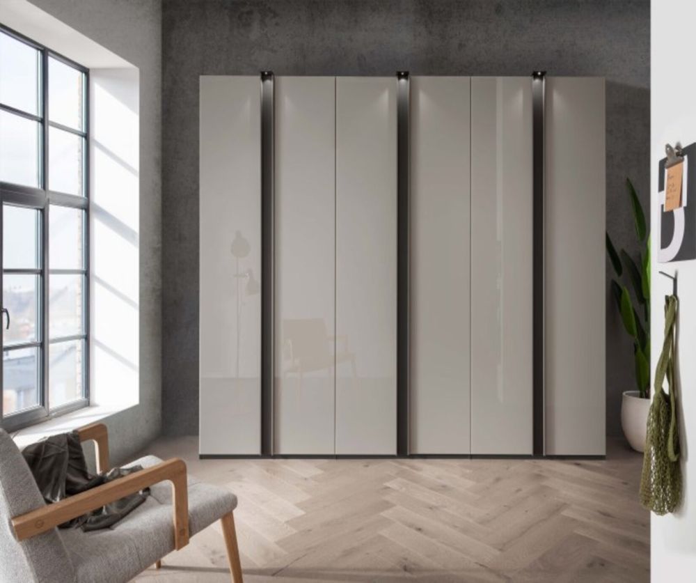 Wiemann Lagos Front in Pebble Grey Glass and Centre Strip Carcase Colour Hinged Door Wardrobe