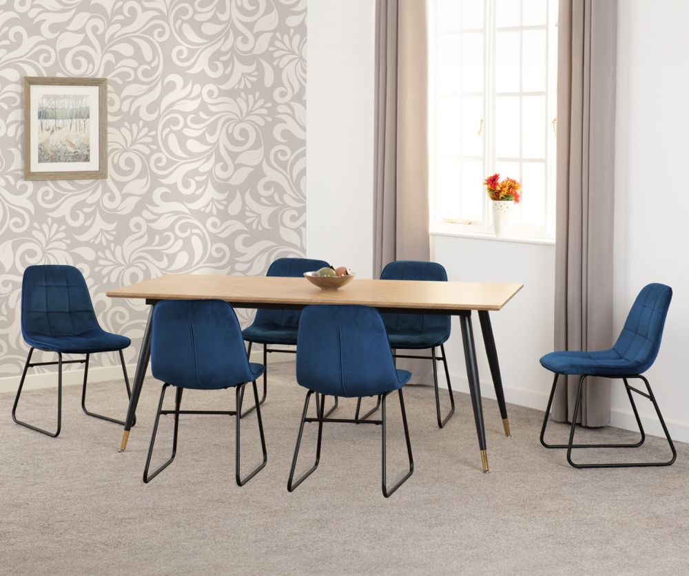 Seconique Furniture Hamilton Large Dining Set – Medium Oak Effect Table & Lukas Sapphire Blue Velvet Dining Chairs
